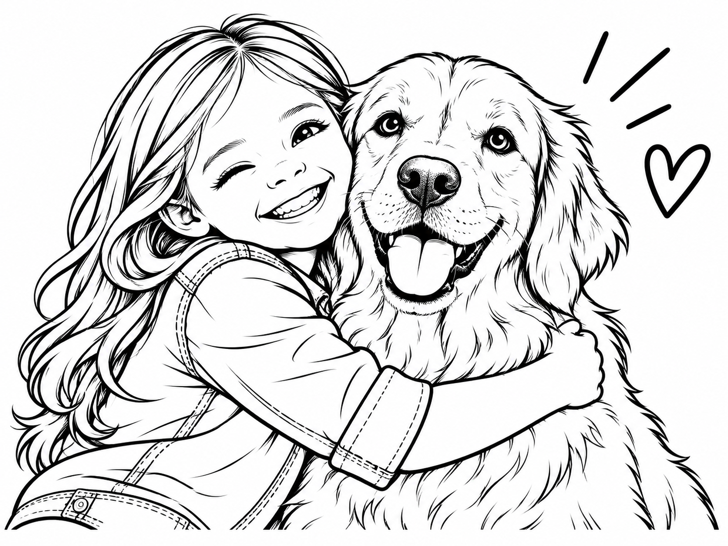 Sample cartoon coloring page of the child and dog, with black outlines on white paper